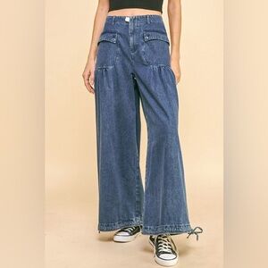 🟠290B. Adjustable Hem Denim Balloon Pants - Dark Blue Wash